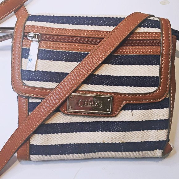 CHAPS Navy and White Striped Crossbody Leather - Picture 1 of 11
